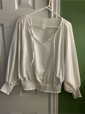 Anthropologie White Textured Peasant Tie-Front Blouse